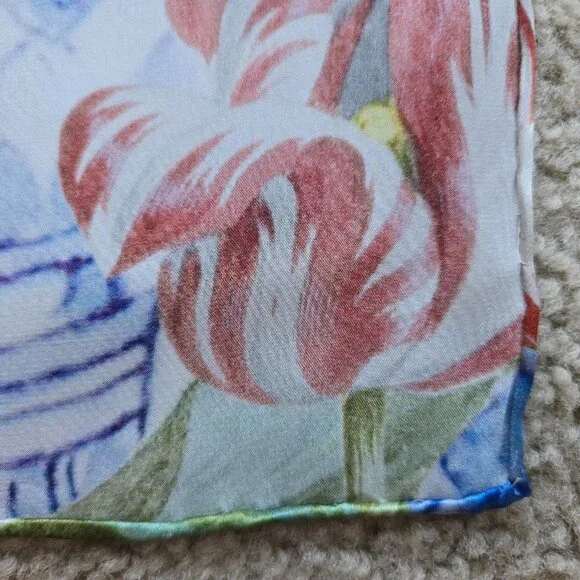 Silk Scarf Hand-Rolled Tulips Netherlands Oblong Madame Blue Floral - Picture 6 of 12